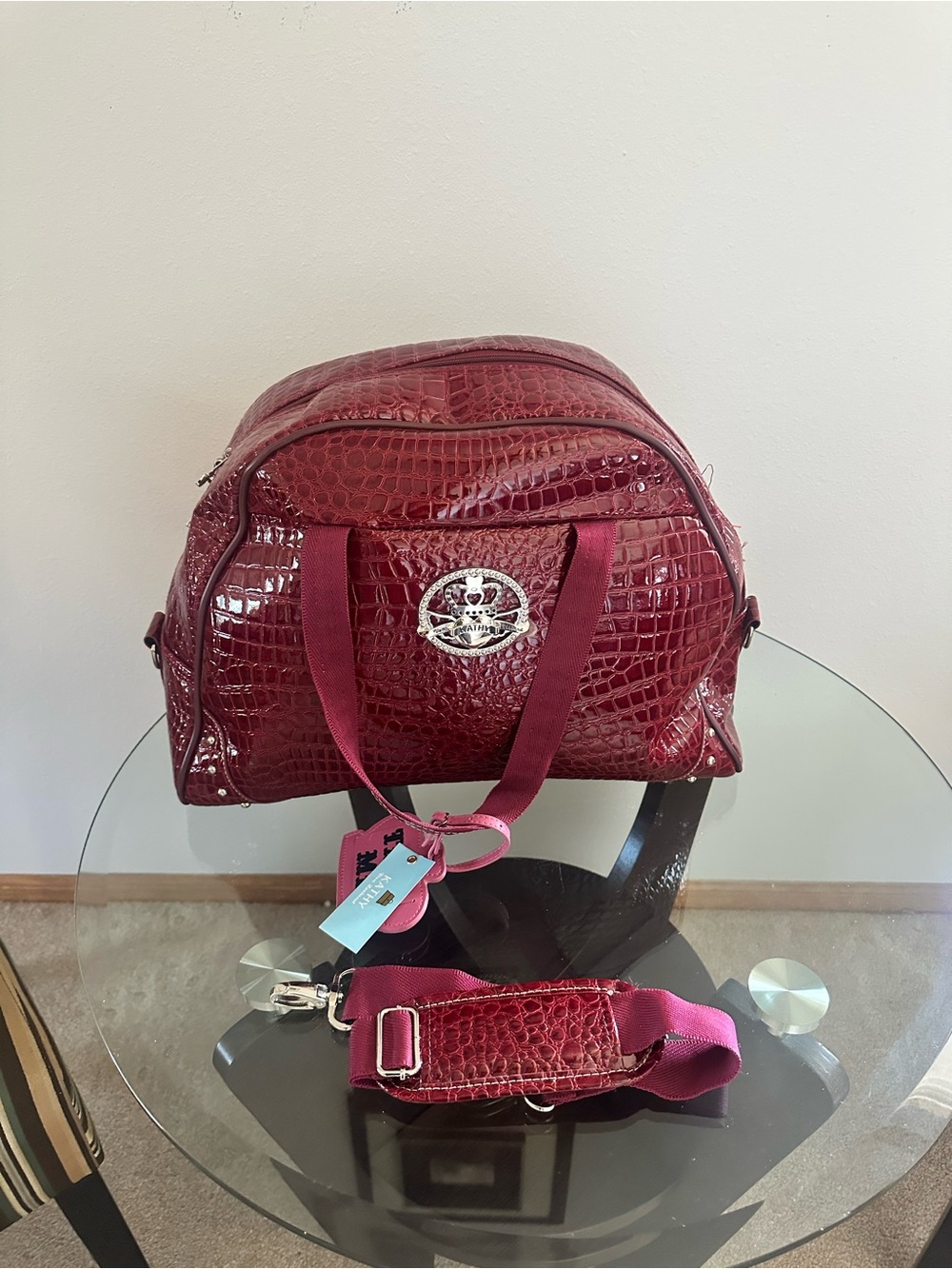 Burgundy Croc-Embossed Travel weekender Bag